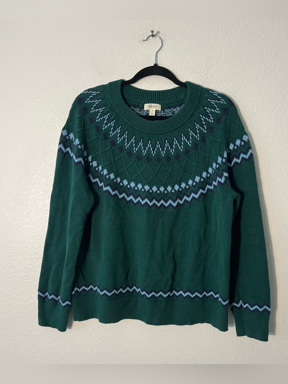 Style & Co. Festive Green Fair Isle Crewneck Sweater Fall Size XL